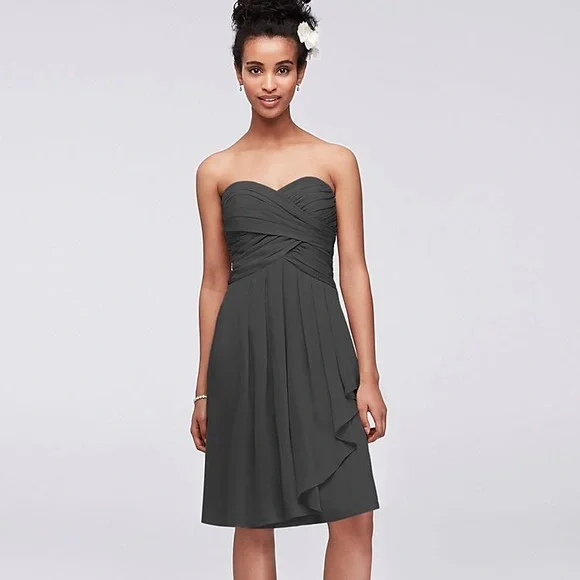 Davids Bridal Short Crinkle Chiffon Dress with Front Cascade size 12